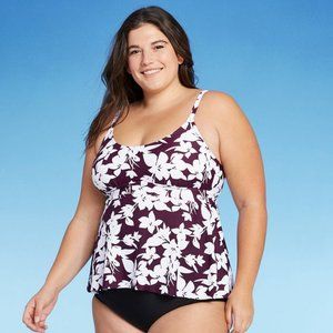 Kona Sol Burgundy Plum Floral Plus Size Scoop Neck Tankini Top